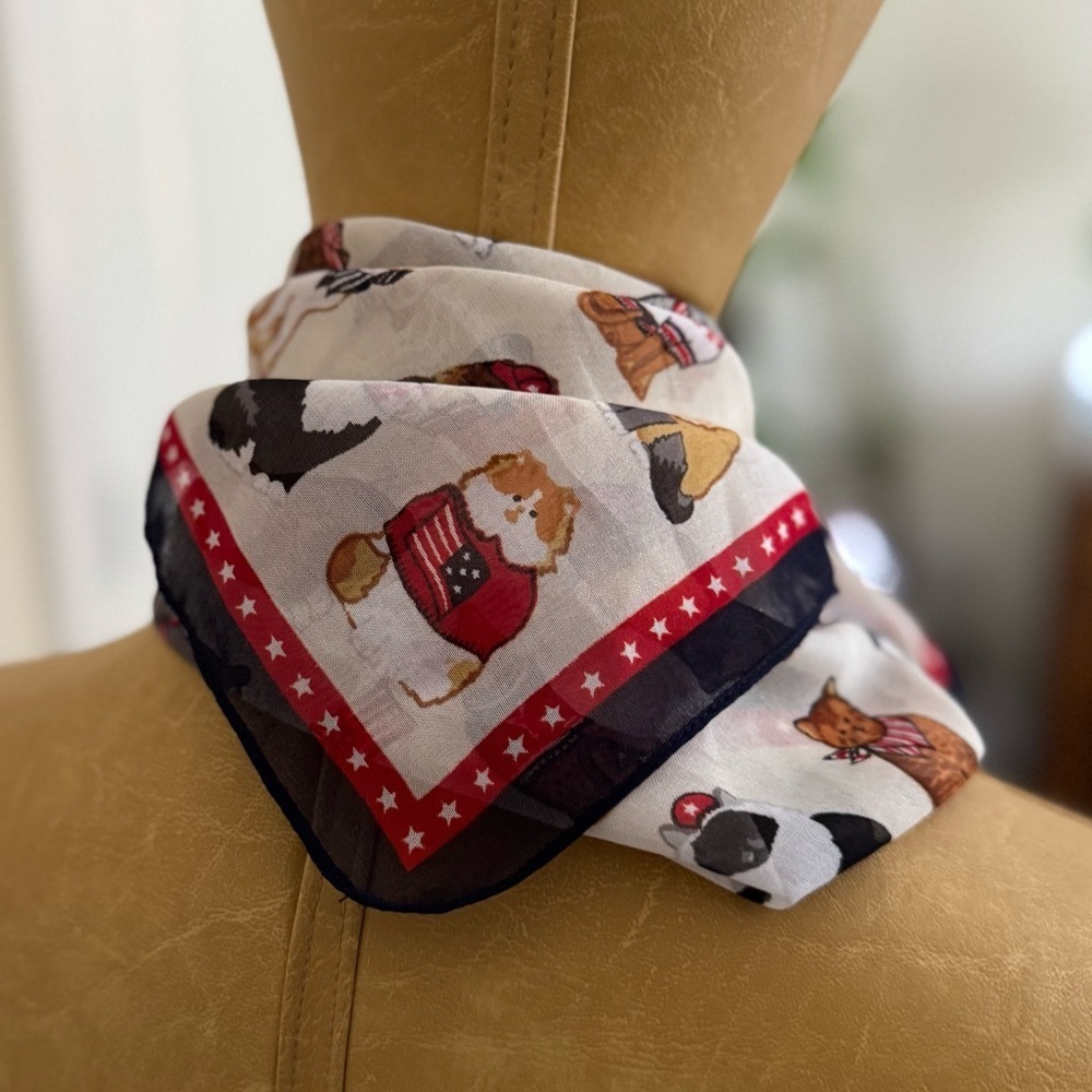 Cat Print Scarf with US Flags, Red and Black Trim - Picture 2 of 3